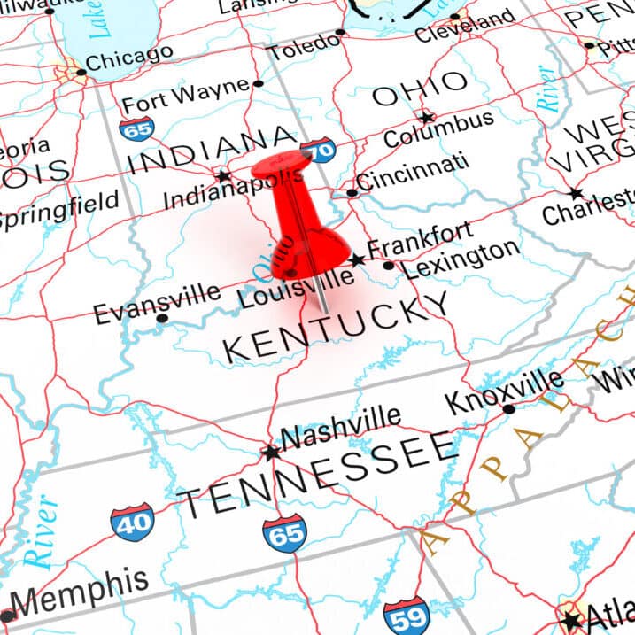 Red Thumbtack Over Kentucky State USA Map. 3D rendering